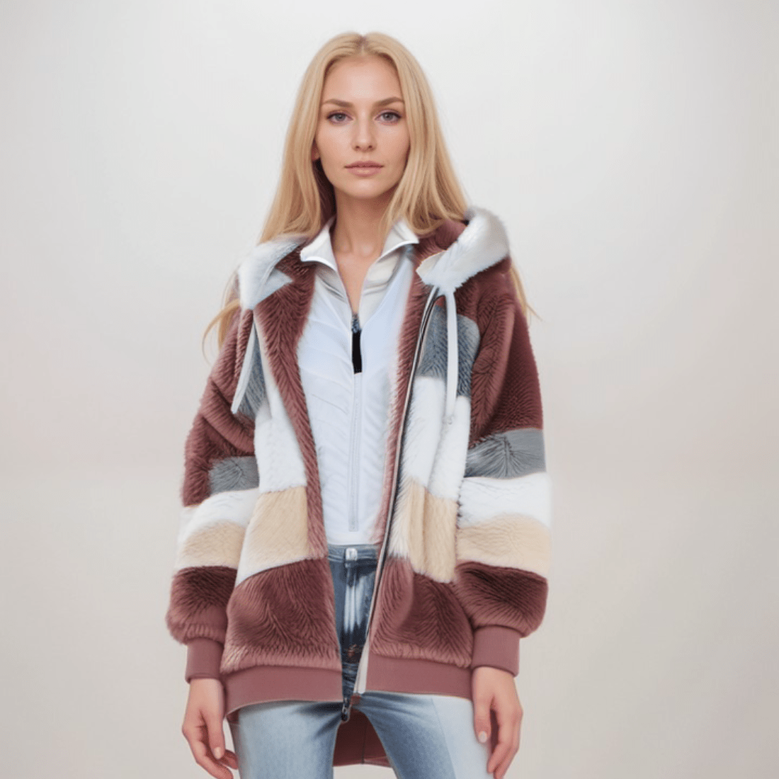 WW | Großer Zip up Kapuzenpullover mit Kunstfell für Damen