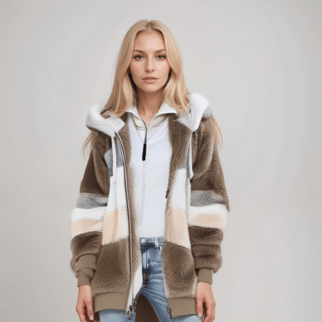 WW | Großer Zip up Kapuzenpullover mit Kunstfell für Damen