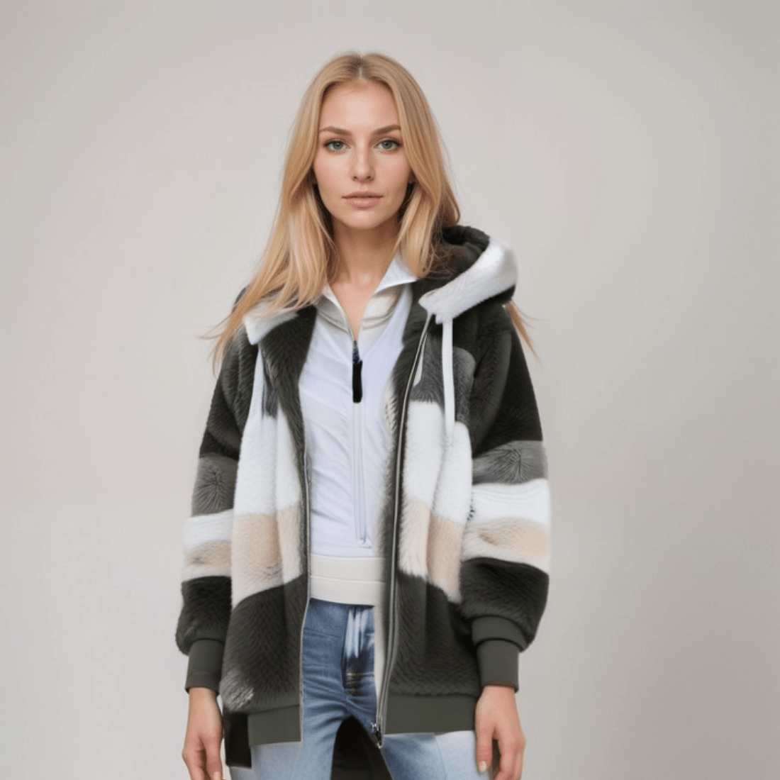 WW | Großer Zip up Kapuzenpullover mit Kunstfell für Damen