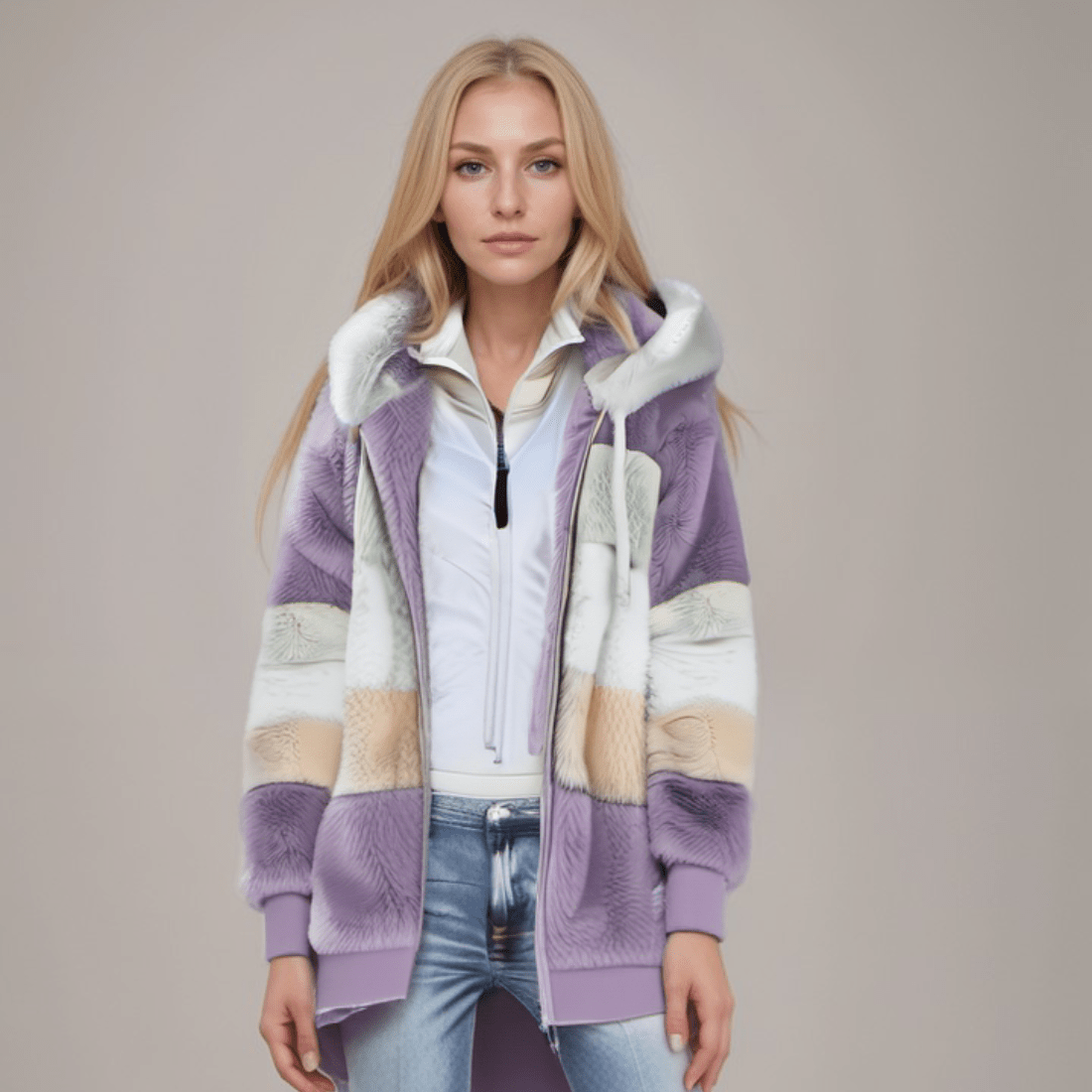 WW | Großer Zip up Kapuzenpullover mit Kunstfell für Damen