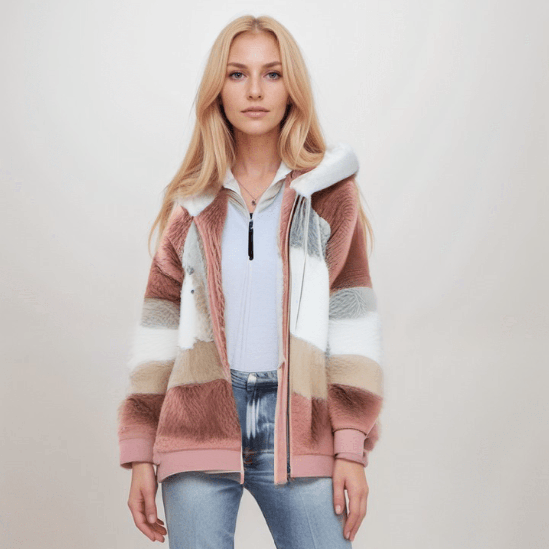 WW | Großer Zip up Kapuzenpullover mit Kunstfell für Damen
