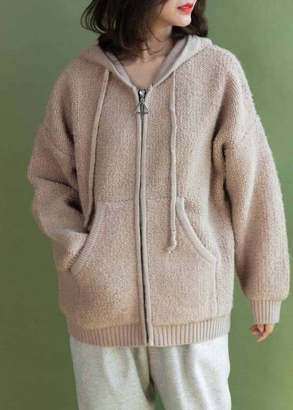 WW | beigefarbene Strickmäntel lässiger Winter Kapuzenstrickmantel