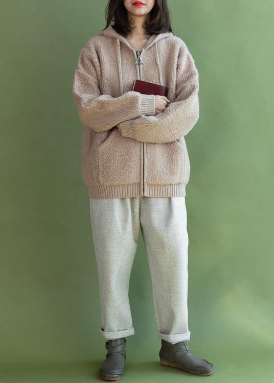 WW | beigefarbene Strickmäntel lässiger Winter Kapuzenstrickmantel