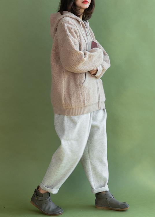 WW | beigefarbene Strickmäntel lässiger Winter Kapuzenstrickmantel