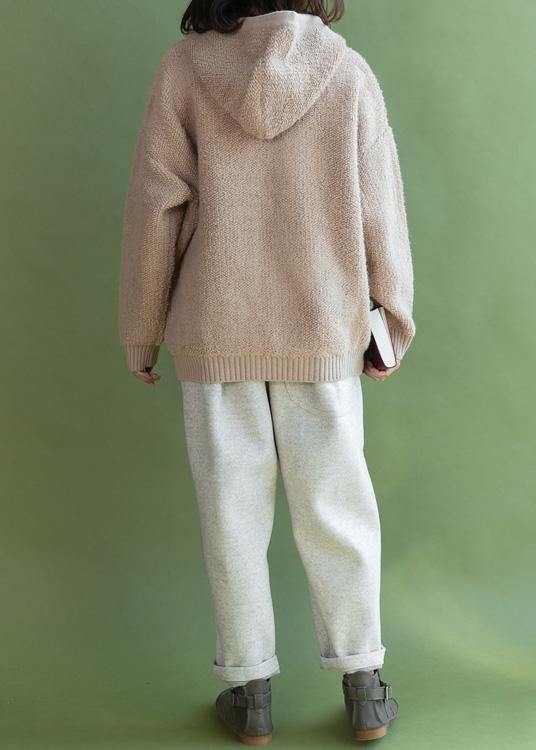WW | beigefarbene Strickmäntel lässiger Winter Kapuzenstrickmantel