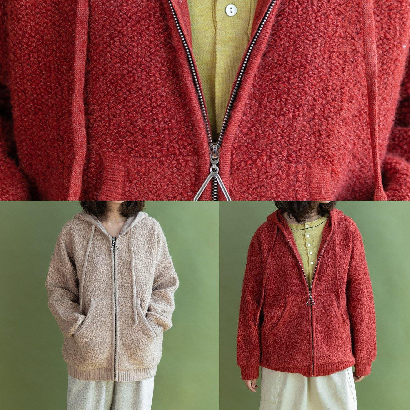 WW | beigefarbene Strickmäntel lässiger Winter Kapuzenstrickmantel
