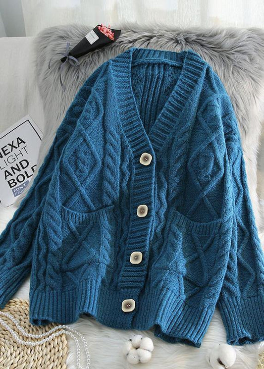 WW | V-Ausschnitt Strickoutdoorkleidung Locker sitzende blaue Strickmäntel mit zwei Taschen