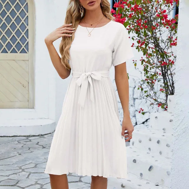 WW | Lässiges Knielanges Kleid mit Gürtel und Kurzen Ärmeln