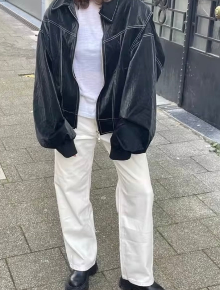 WW | Oversized Kunstleder Bomberjacke Streetstyle Übergangsjacke Trendige Freizeitmode