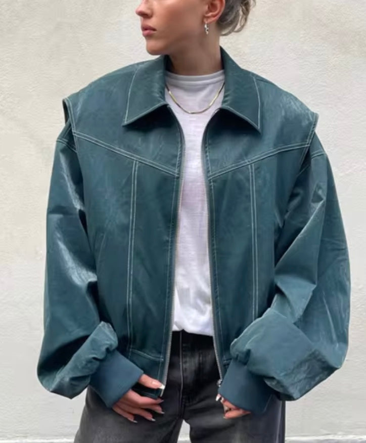 WW | Oversized Kunstleder Bomberjacke Streetstyle Übergangsjacke Trendige Freizeitmode