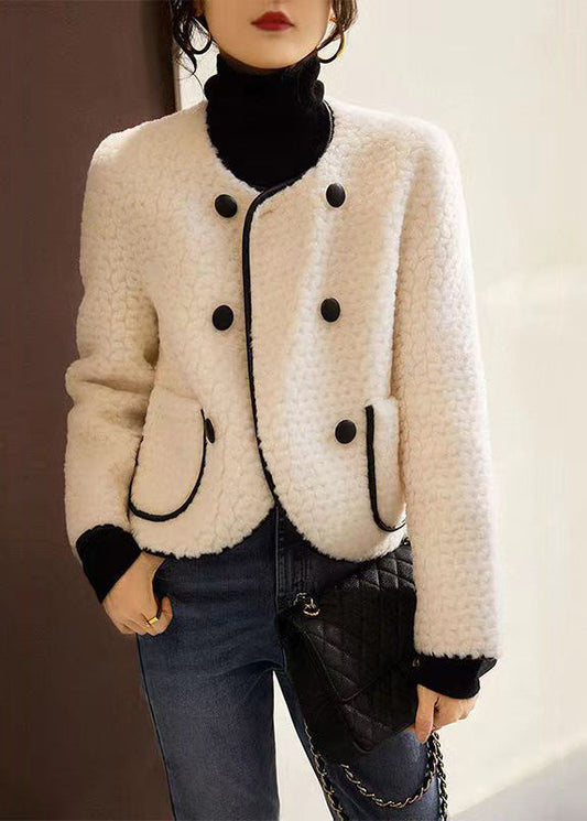 WW | Beigefarbiger O-Ausschnitt Taschen Patchwork Wollmäntel Winter