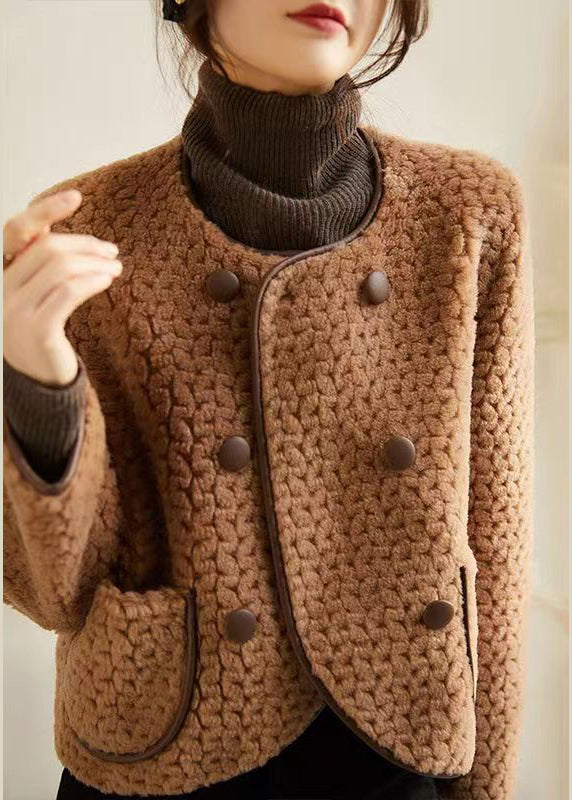 WW | Beige Round Neck Pocket Patchwork Wool Coats Winter