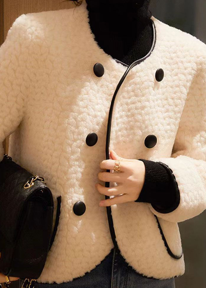 WW | Beige Round Neck Pocket Patchwork Wool Coats Winter