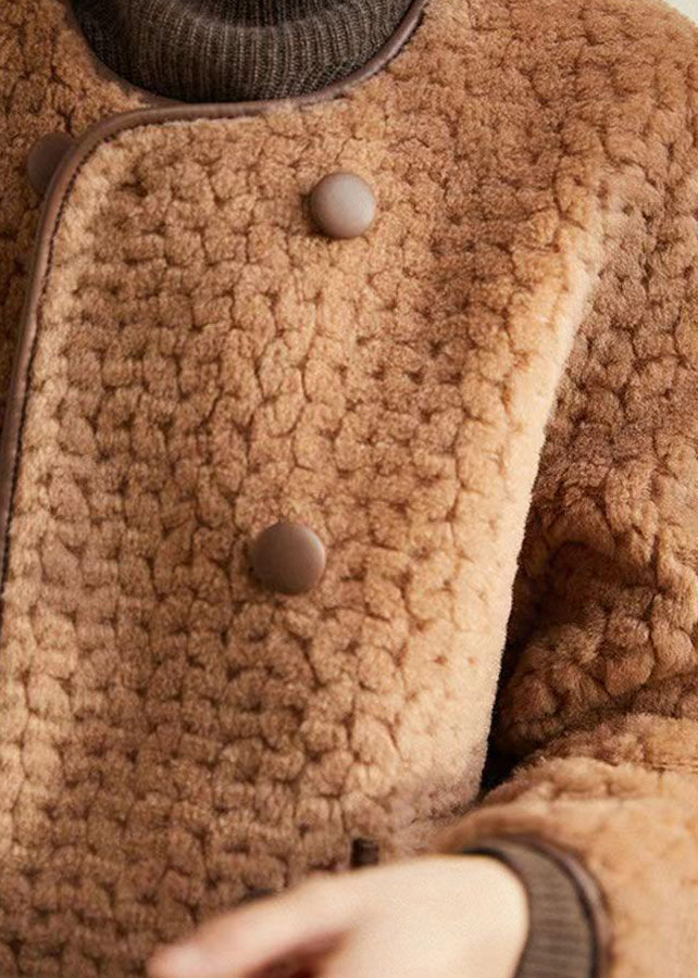 WW | Beige Round Neck Pocket Patchwork Wool Coats Winter