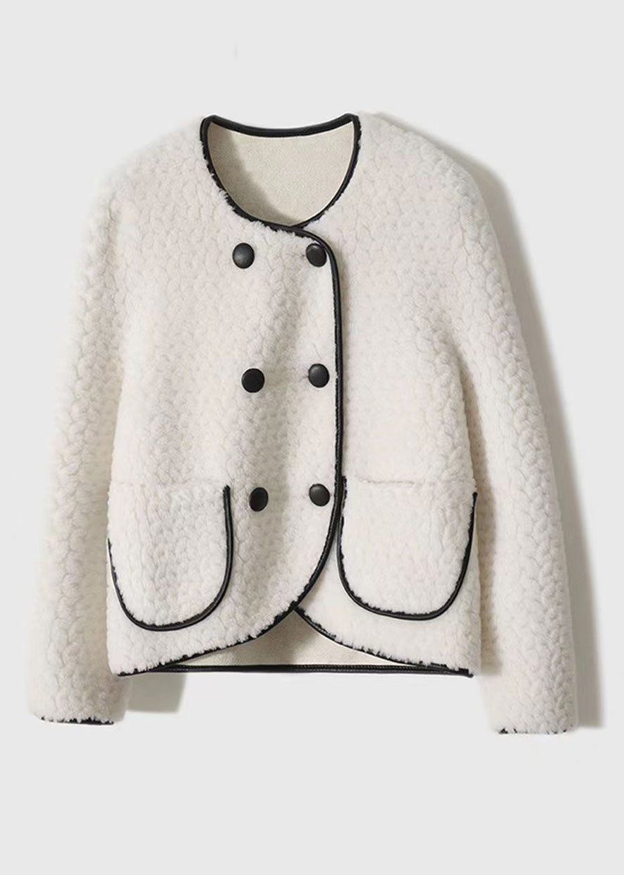 WW | Beige Round Neck Pocket Patchwork Wool Coats Winter