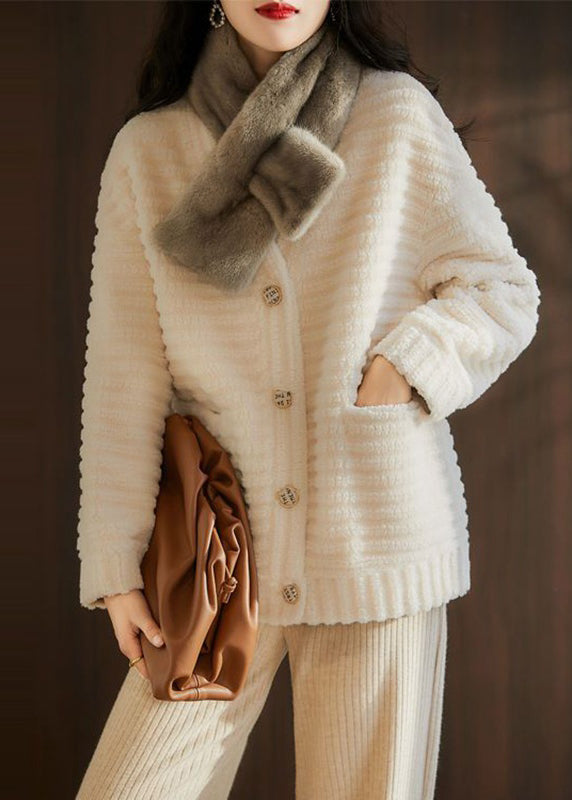 WW | Beige V-neck Pockets Patchwork Wool Jackets Winter