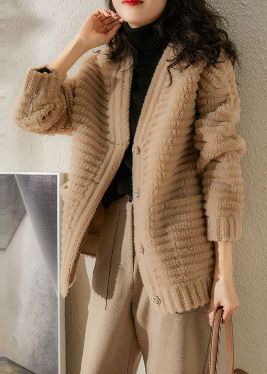 WW | Beige V-neck Pockets Patchwork Wool Jackets Winter