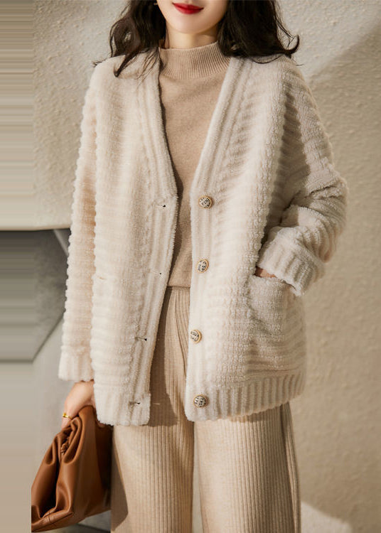 WW | Beige V-neck Pockets Patchwork Wool Jackets Winter