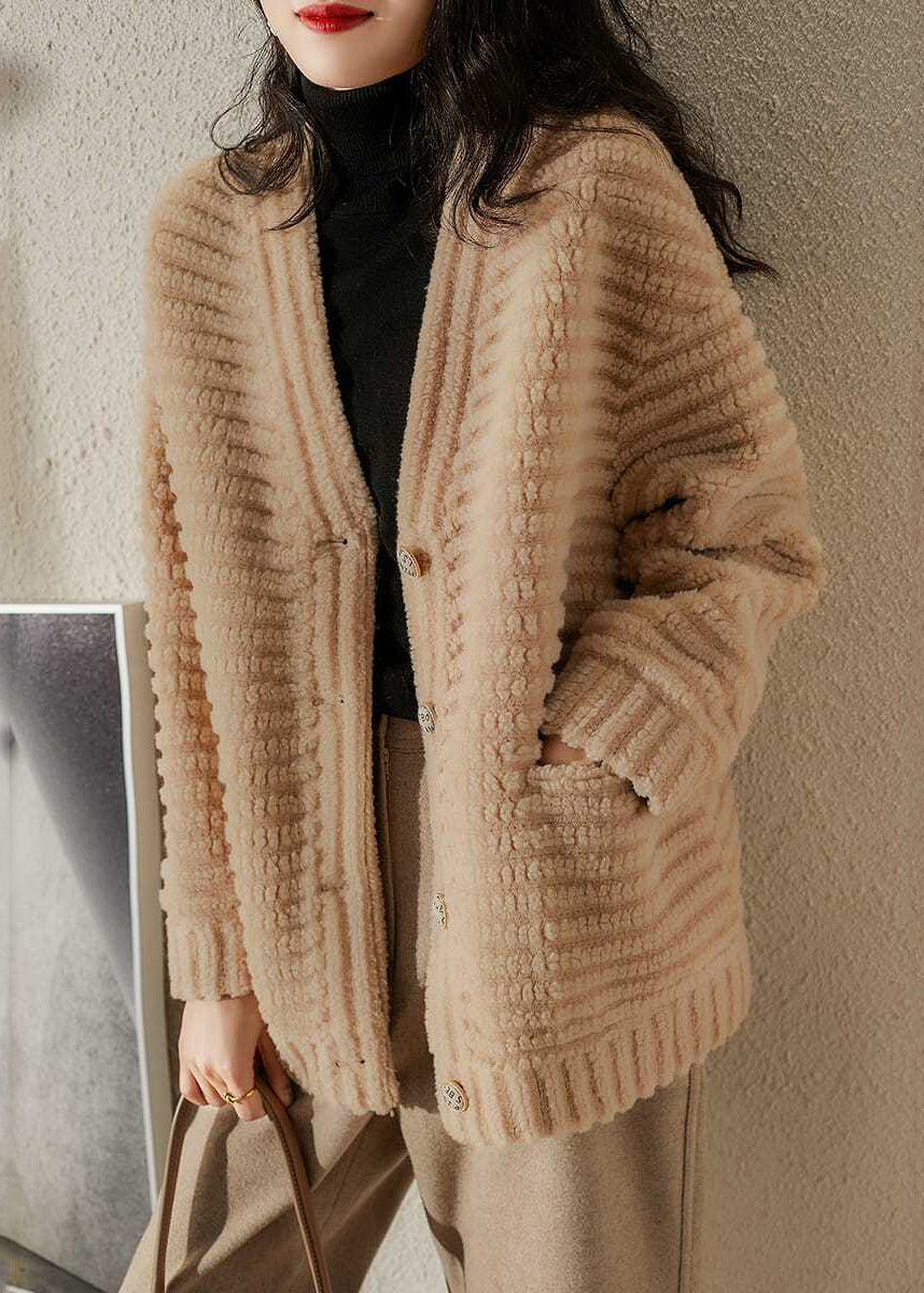 WW | Beige V-neck Pockets Patchwork Wool Jackets Winter