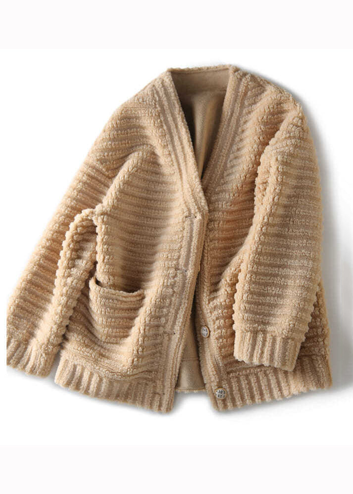 WW | Beige V-neck Pockets Patchwork Wool Jackets Winter