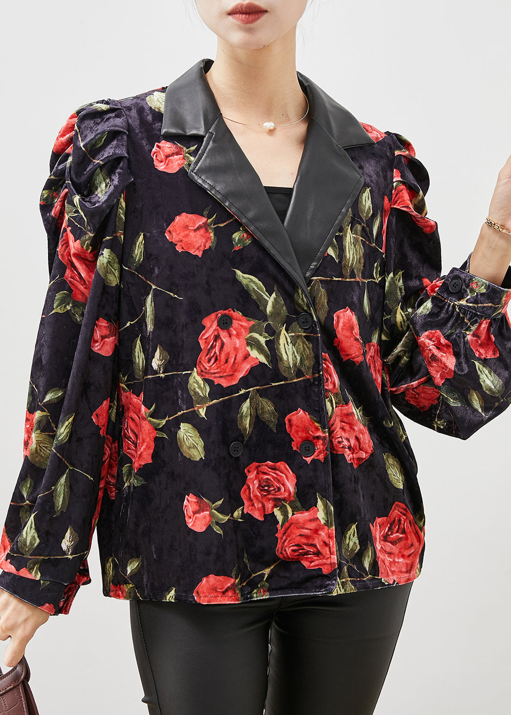 WW | Black floral double-breasted velvet coats with puff sleeves