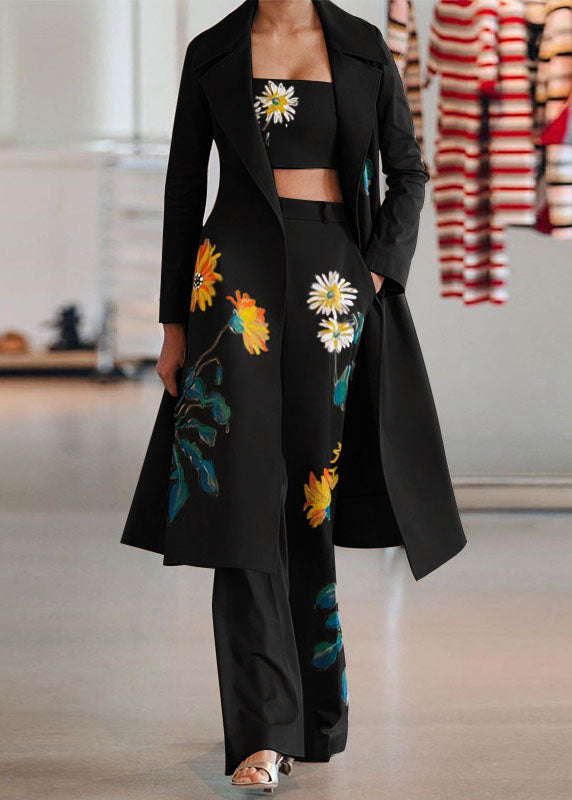 WW | Black Floral Print Chiffon Cinch Trench Coats and Pants Three-Piece Set