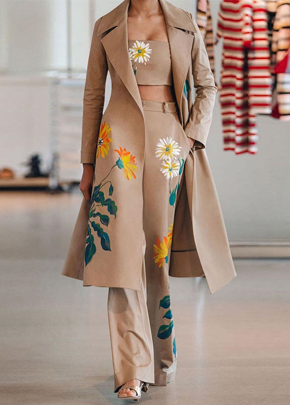 WW | Black Floral Print Chiffon Cinch Trench Coats and Pants Three-Piece Set