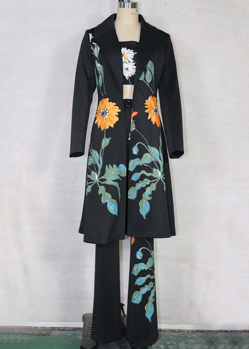 WW | Schwarze Blumendruck Chiffon Cinch Trenchcoats und Hosen Drei-Teile-Set