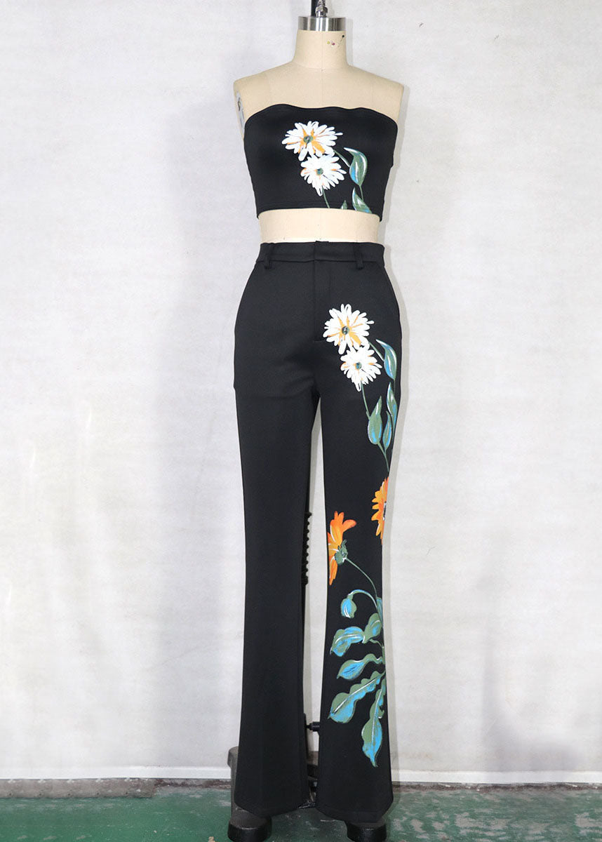 WW | Black Floral Print Chiffon Cinch Trench Coats and Pants Three-Piece Set