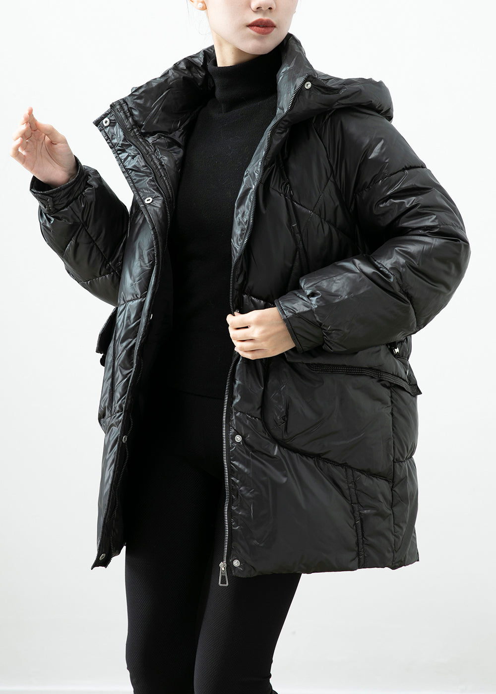 WW | Black Hooded Jackets with Pockets made of Fine Cotton Filled Winter Coats Winter