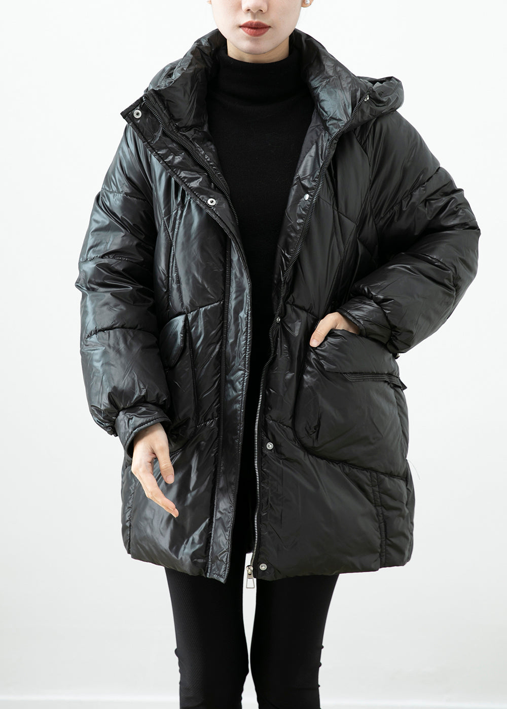 WW | Black Hooded Jackets with Pockets made of Fine Cotton Filled Winter Coats Winter