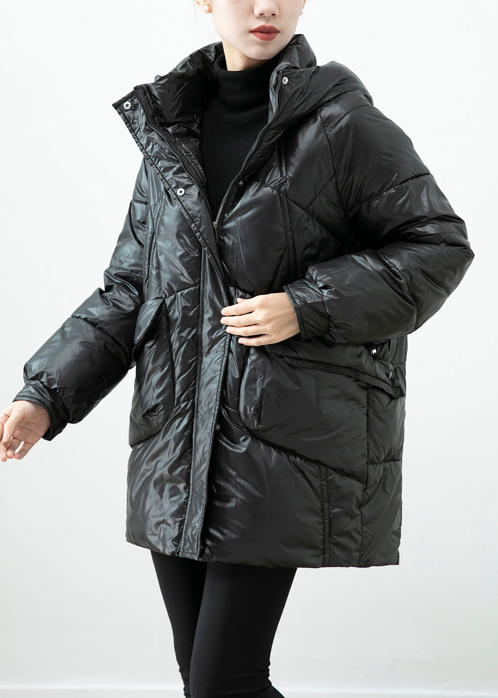 WW | Black Hooded Jackets with Pockets made of Fine Cotton Filled Winter Coats Winter