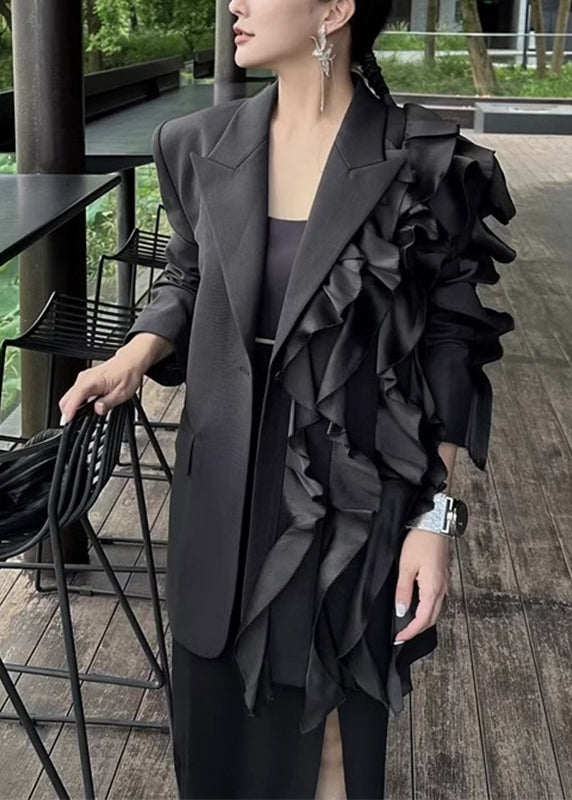 WW | Black Notched Asymmetrical Floral Coat Long Sleeves