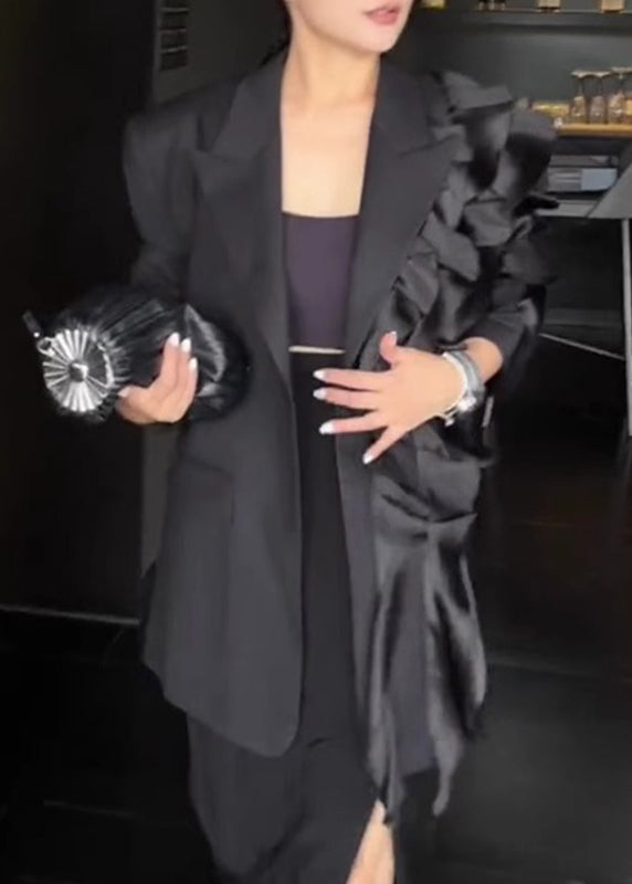 WW | Black Notched Asymmetrical Floral Coat Long Sleeves