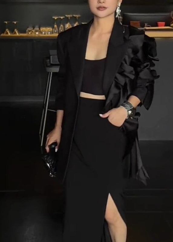 WW | Black Notched Asymmetrical Floral Coat Long Sleeves