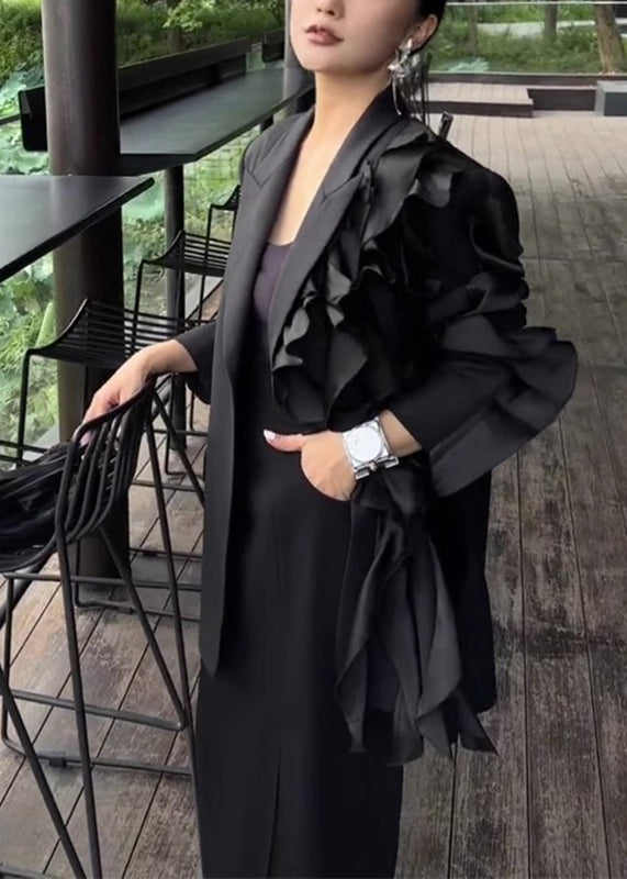 WW | Black Notched Asymmetrical Floral Coat Long Sleeves