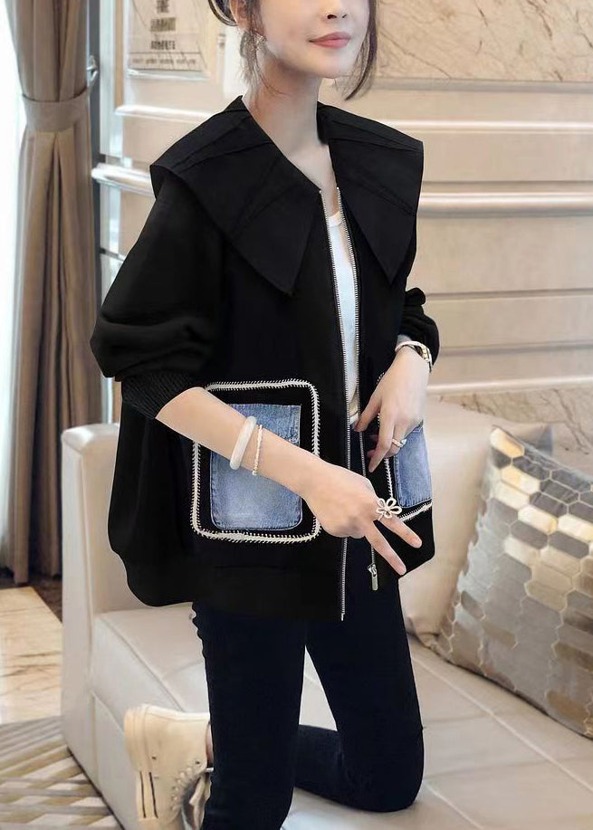 WW | Black Peter Pan Collar Patchwork Cotton Coats
