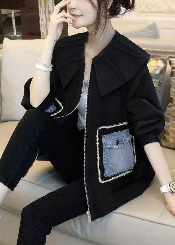 WW | Black Peter Pan Collar Patchwork Cotton Coats
