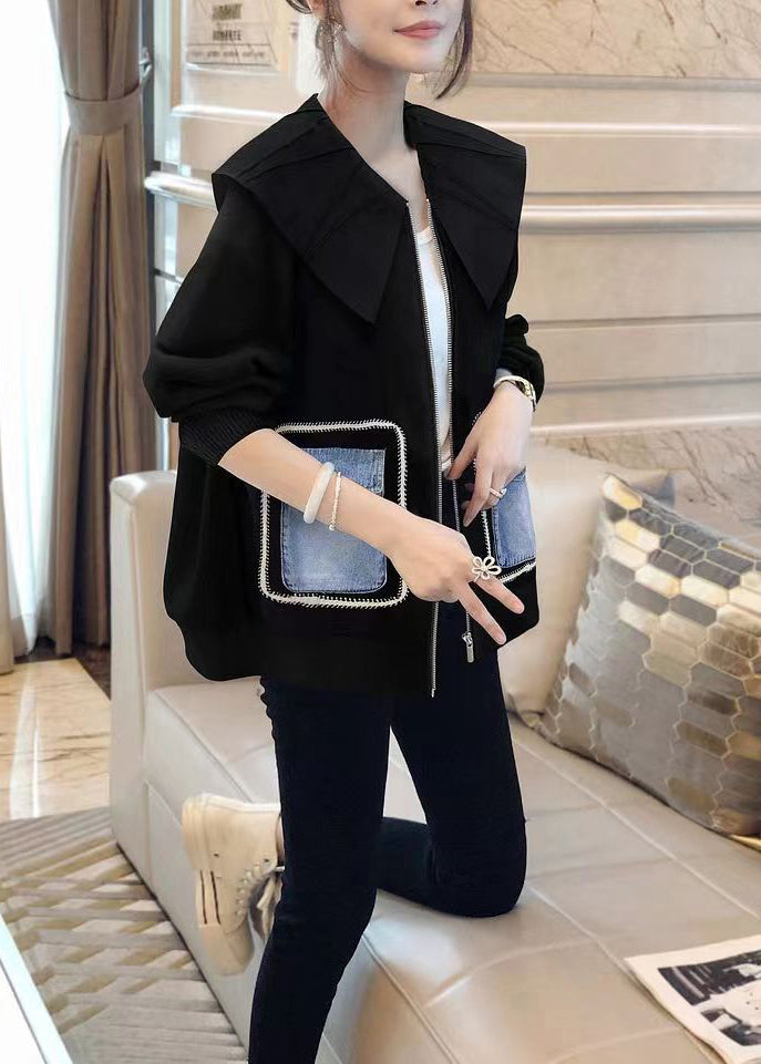 WW | Black Peter Pan Collar Patchwork Cotton Coats