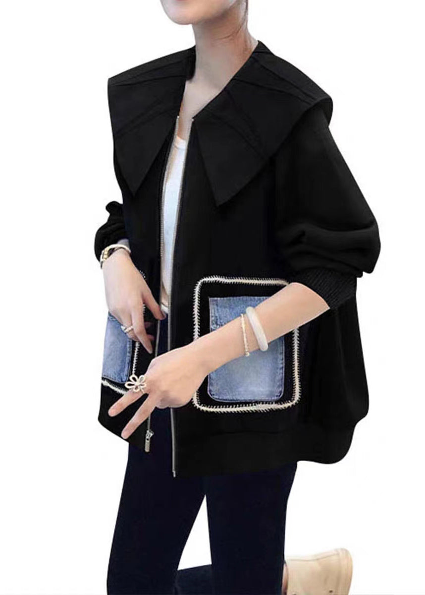 WW | Black Peter Pan Collar Patchwork Cotton Coats