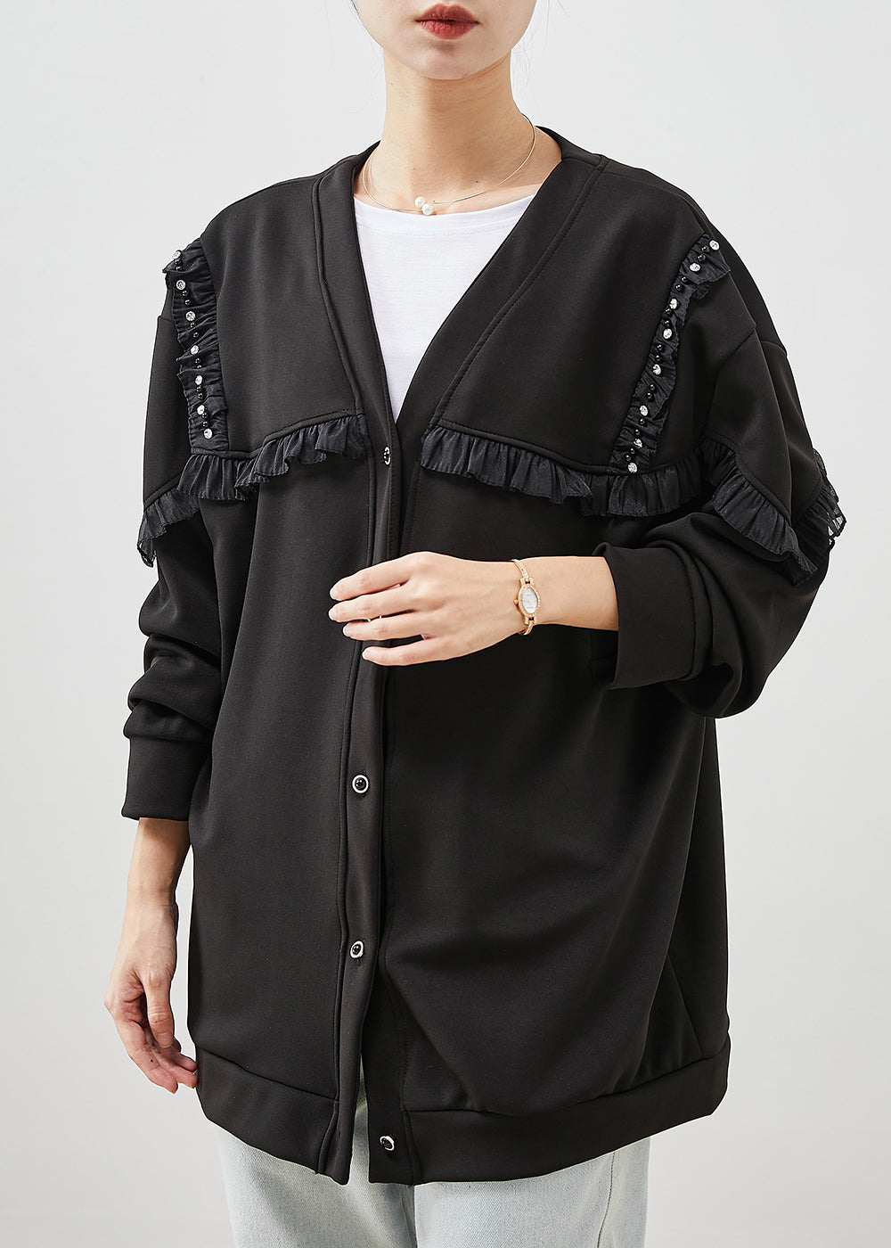 WW | Schwarze Rüschentaschen Patchwork Baumwollmäntel