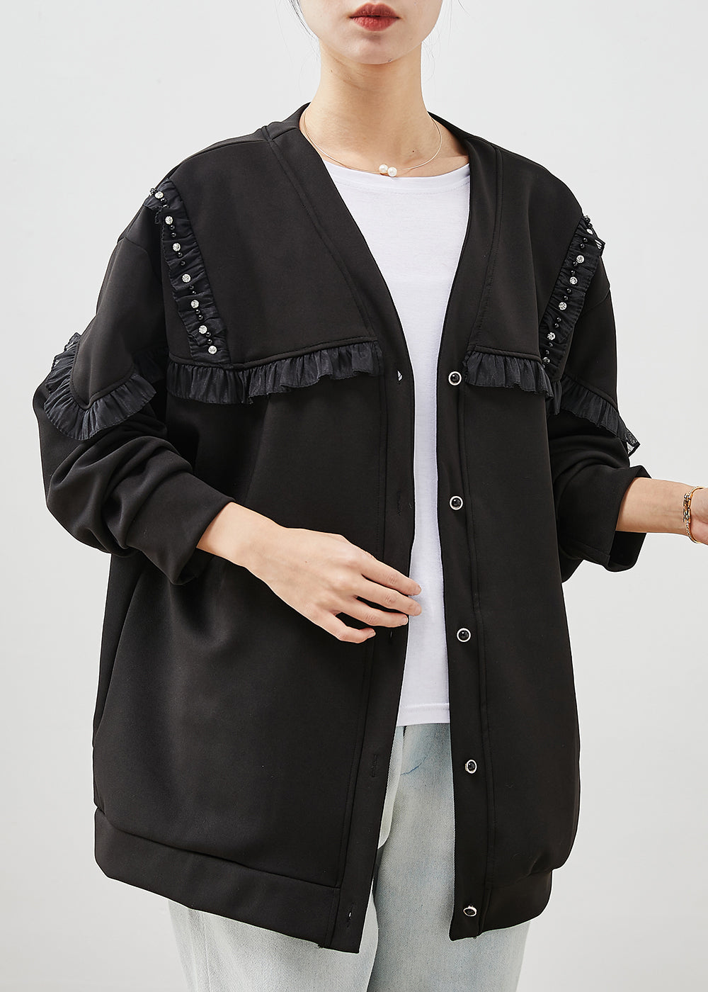 WW | Black Ruffle Pockets Patchwork Cotton Coats
