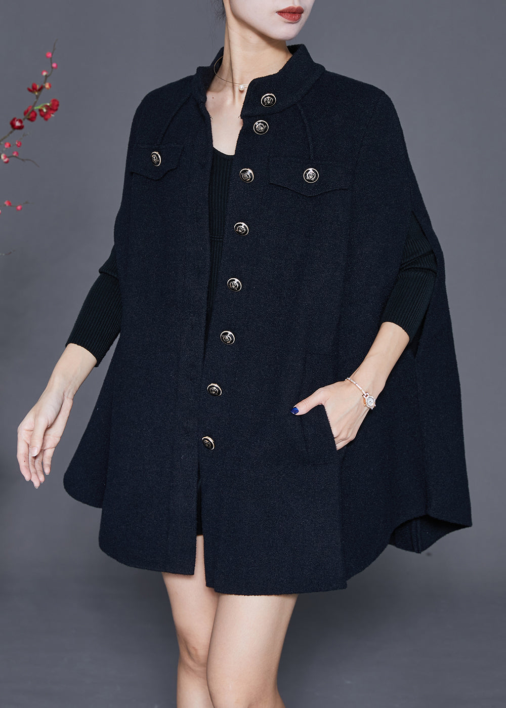 WW | Black Stand Collar Button Wool Coats Cape Sleeves