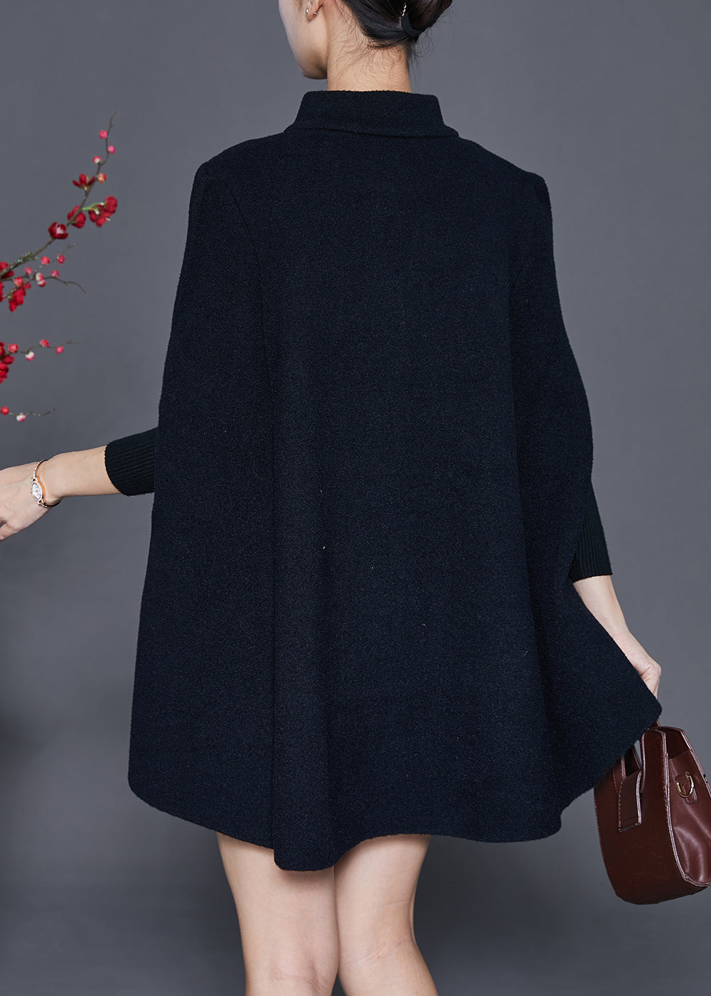 WW | Black Stand Collar Button Wool Coats Cape Sleeves