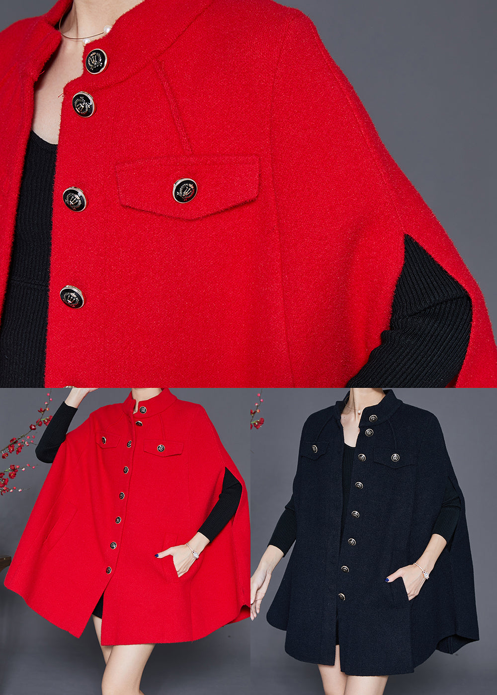 WW | Black Stand Collar Button Wool Coats Cape Sleeves