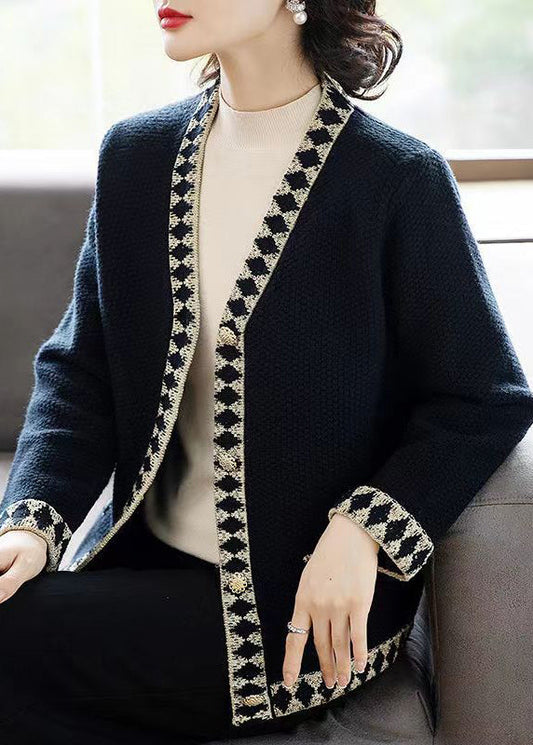 WW | Schwarze V-Ausschnitt Knopf Patchwork Strickmäntel
