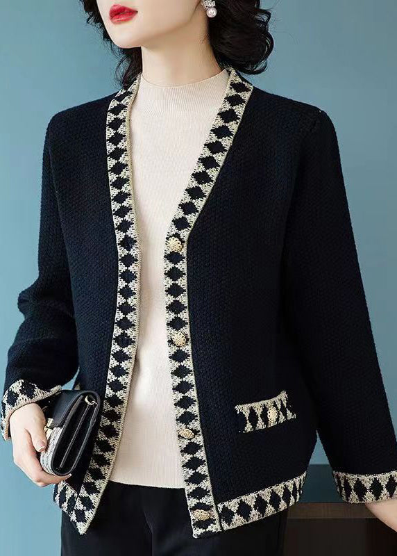 WW | Schwarze V-Ausschnitt Knopf Patchwork Strickmäntel