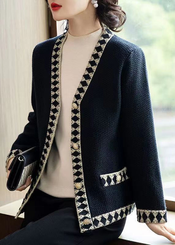 WW | Schwarze V-Ausschnitt Knopf Patchwork Strickmäntel