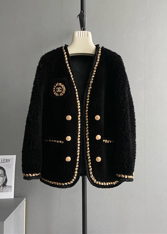 WW | Black V-Neck Pockets Patchwork Wool Coats Winter