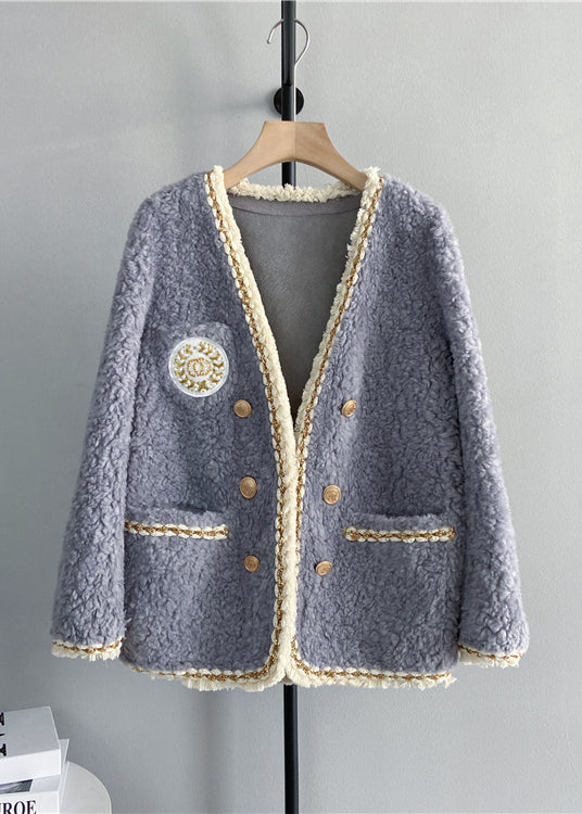 WW | Black V-Neck Pockets Patchwork Wool Coats Winter